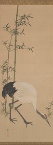 Grullas, bambú y pino, Periodo Edo (tinta y colores acuosos sobre seda)