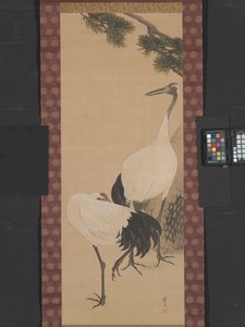 Grullas, bambú y pino, Periodo Edo (tinta y colores acuosos sobre seda)