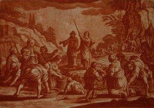 Los israelitas recogiendo maná, ilustración de una Biblia, grabado por Gabriel Bodeneer (1673-1766) de Mattaus II (after) Merian