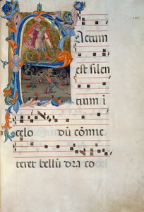 San Miguel Arcángel derrota a los demonios. Miniatura atribuida a Matteo Torelli, de un antifonario de 1394 (Corale 5, c. 105v) de Matteo di Filippo Torelli