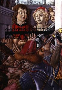 La Matanza de los Inocentes, (detalle) de dos espectadores observando la carnicería desde el palacio