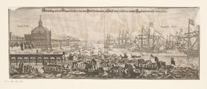 Salida de la flota con Catalina de Bragança a Inglaterra, 20 de abril de 1662 Abbildung wie die Königin Catharina von Gross Britanien zu Schiff von Lisabona nacher viaja a Inglaterra. Anno 1662 (título sobre objeto) Matrimonio de Catalina de Bragança y el  de Matthäus Merian (II)