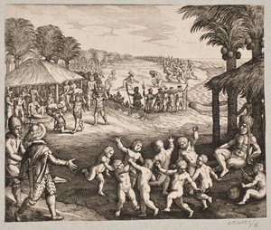 Sobre el servicio de comida de los salvajes, la preparación de bebidas y sus danzas para el rey de Matthäus Merian d.Æ.