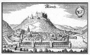 Aurach - extracto de Topographia Sueviae (Schwaben) de Matthaus Merian