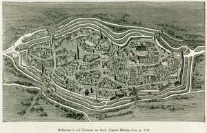 Mulhouse vuela en 1642. Grabado de Matthaus Merian (1593-1650) para ilustrar la historia A través de Alsacia y Lorena, por Charles Grad, diputado alemán, en 1885, en Le Tour du monde 1886, dirigido por Edouard Charton (1807-1890), Hachette, París. de Matthaus the Elder (after) Merian