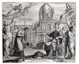 Robert de Sorbon (1201-94) y el Cardenal Richelieu (1575-1642) frente a la Sorbona, grabado por Gregoire Huret (1606-70) 1639