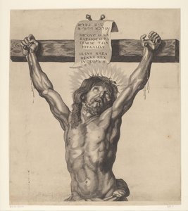 Cristo en la cruz Serie de Ecce Homo, Cristo Crucificado, Virgen María y Juan Evangelista (título de la serie) de Mattheus Borrekens