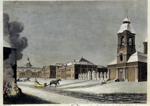 El arsenal y la fundición de cañones en San Petersburgo. (El Arsenal y la Fundición de Cañones en Petersburgo). Descripción de las construcciones en pleno invierno, con trineos deslizándose por la nieve y un grupo de individuos calentándose alrededor de un de Matthew Dubourg