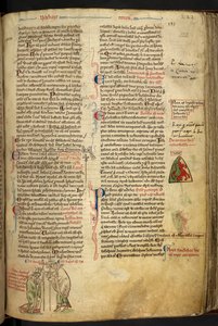 Royal 14 C. VII f.122r Roger Nigel, obispo de Londres, consagrando a Edmund de Abington como arzobispo de Canterbury; de Matthew Paris