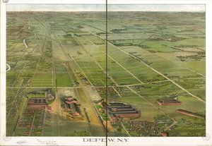 Vista de pájaro. Orientada con el norte a la derecha. LC Panoramic maps (2nd ed.), 555.1 Disponible también en el sitio web de la Biblioteca del Congreso como imagen rasterizada. Copia de la LC anotada en tinta. Estampado en: Compliments Depew Improvement  de Matthews Northrup Company