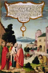 El Reino de los Cielos es como una red, que fue arrojada al mar y recogió peces de toda clase (Mateo 13) ilustración de la enseñanza de Cristo, sección del ala del retablo de Mompelgarter