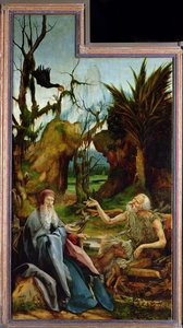 El retablo de Isenheim. Ala izquierda: Encuentro de San Antonio y San Pablo el Anacoreta en el Desierto de Matthias Grünewald