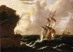 Un barco holandés en la tormenta, frente a un acantilado, coronado por edificios fortificados. Óleo sobre lienzo, de Matthieu van Plattenberg (1608-1660). de Matthieu van (c.1608 60) Plattenberg