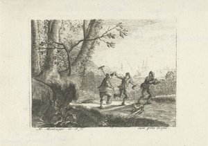 Paisaje con tres campesinos bailando de Matthieu van Plattenberg