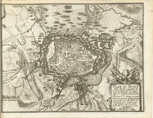 Beleg van Bergen, 1709 Plano de Mons Ville Forte (...) Asediado por las tropas alliez. bajo el mando del Príncipe de Orange (...) (título sobre objeto) de Matthijs Pool (possibly)