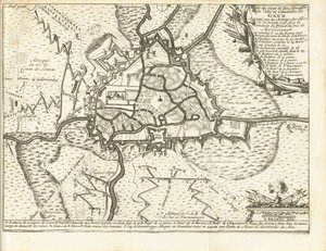 Beleg van Gent, 1708 Mapa del asedio y ataques de la ciudad y ciudadela de Gante sitiada por los ejércitos de los aliados el 22 de diciembre de 1708 bajo el liderazgo del príncipe y duque de Marlborough (título sobre el objeto) de Matthijs Pool (possibly)