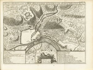Beleg van Huy, 1705 Plano del Castillo de la Ciudad y Fuerte de Huy sitiado por los Ejércitos del S.A.E. de Baviere & du Marechal de Villeroy le 26 de mayo de 1705 (título sobre el objeto) de Matthijs Pool (possibly)
