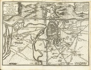 Beleg van Turijn, 1706 Plano de la Ciudad y Ciudadela de Turín, cuando fueron sitiadas por los franceses (título sobre el objeto) de Matthijs Pool (possibly)