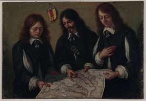 Retrato del decano John Bargrave, su sobrino Alexander Chapman y su amigo John Raymond consultando un mapa de Italia. de Mattio Bolognini