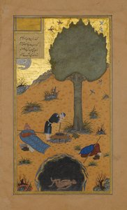 Cómo un Fanfarrón fue Ahogado en un Pozo, Folio 33v de un Haft Paikar, ca. 1430 de Maulana Azhar