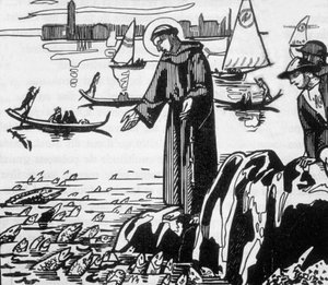 San Francisco de Asís predicando a los peces en Rímini, grabado por Jacques Beltrand a partir de un dibujo de Maurice Denis.