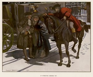 Una visita navideña interrumpida por un salteador de caminos (litografia en color) de Maurice (after) Greiffenhagen