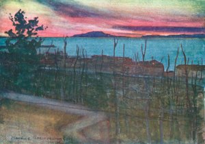 Ischia desde Castellamare, puesta de sol (litografía en color)