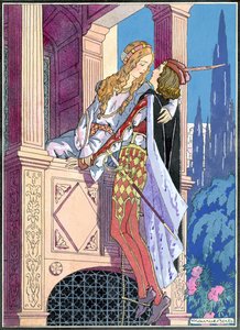Romeo y Julieta en la escena del balcón, c.1920 (litografía en color) de Maurice Berty