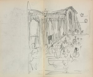 Cuaderno de bocetos italiano: Puente con figuras, página 95 y 96, 1898-1899 de Maurice Brazil Prendergast