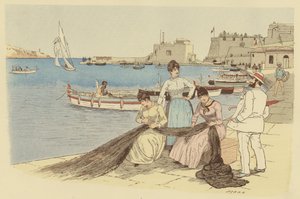 Un hombre charlando con un grupo de mujeres remendando redes de pesca en la ciudad de Villefranche, Francia (litografía en color)
