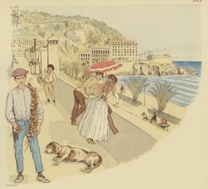 Un vendedor de cebollas con sus mercancías y personas disfrutando de la terraza que conduce a la montaña de Rauba-Capeu, Niza