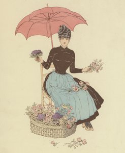 Mujer sentada bajo una sombrilla vendiendo flores