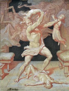 Hércules enloquecido por Hera masacra a sus hijos (dibujo) de Maurice De Vaines