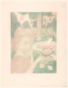 Una joven recibe un ramo de flores en un jardín
Le bouquet matinal, les larmes... (título en el objeto)
Representaciones del amor (título de la serie)
Amour (título de la serie) de Maurice Denis