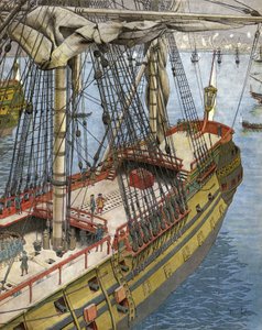 Bombardeo e incendio de la ciudad de Argel en 1682: Abraham Marqués Duquesne (entre 1604 y 1610-1688), un oficial de la marina francesa, observa desde su barco el efecto producido por las bombas galiotes. Cromotipografía en "Le Roy Soleil" (Luis XIV) por G de Maurice Leloir