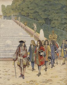 El rey Luis XIV y Samuel Bernard en Marly, visita a los jardines