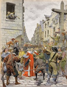 La Fronda: Jornadas de las Barricadas (agosto de 1648): En la cruz de Trahoir (en la esquina de las calles Saint-Honoré y del Árbol Seco en París), la multitud exige que Mathieu Molé (1584-1656), primer orador del Parlamento, vaya al Palais Royal de Maurice Leloir