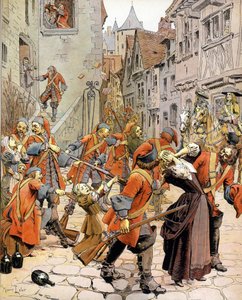Les Dragonnades (1681-1685): dispersión de una familia protestante por las tropas de dragones encargadas de convertir a los protestantes. Cromotipografía en "Le Roy Soleil" (Luis XIV) por Gustave Toutwelve, Ilustración de Maurice Leloir (1853-1940) de Maurice Leloir