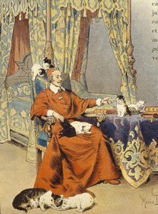 El Cardenal juega con sus gatos que amaba particularmente - en “Richelieu” por Maurice Leloir, principios del siglo XX