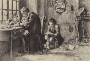 El joven Jean-Jacques Rousseau leyendo mientras su padre trabaja de Maurice Leloir