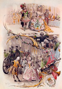 Menú de boda con ilustración de Maurice Leloir (1851-1940) de bailes en disfraces y escenas galantes, 6/04/1900