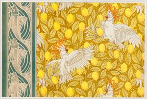 Diseño para papel tapiz de cacatúas con limones y borde de papel tapiz con peces voladores, pub. 1897 de Maurice Pillard Verneuil
