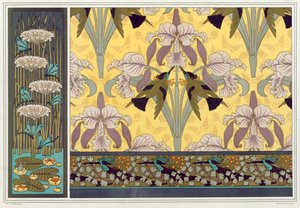 Diseño para cenefa de papel pintado, tela y panel: "Libélulas, nenúfares y arbustos en flor", "Pájaros zumbadores y orquídeas" y "Pájaros zumbadores y helechos de pelo de doncella" de "El animal en la decoración" de Maurice Pillard Verneuil, pub. 1897 (lit de Maurice Pillard Verneuil