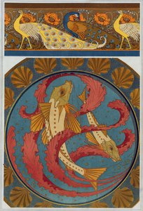 Diseños de cenefa de pavo real y amapola, y placa de esmalte con decoración de gurnas y algas con contorno de concha de vieira, de "L