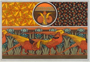 Diseños para borde de papel tapiz y tela: Pájaros, mariquitas y helecho de cabello de doncella, pub. 1897 de Maurice Pillard Verneuil