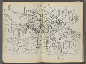 Libro de bocetos- The Granite Shore Hotel, Rockport, página 052 y 53: Casas y jardines de Maurice Prendergast