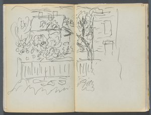 Libro de bocetos - The Granite Shore Hotel, Rockport, página 058 y 59: Casa y jardín vallado de Maurice Prendergast