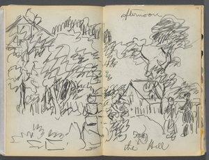 Sketchbook- The Granite Shore Hotel, Rockport, página 104- 105: "Tarde , la colina" de Maurice Prendergast
