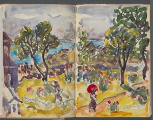 Cuaderno de bocetos - The Granite Shore Hotel, Rockport, páginas 118 y 119: vista del jardín con anotaciones de Maurice Prendergast