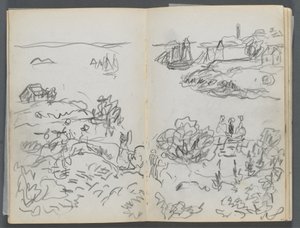 Cuaderno de bocetos, The Dells, N° 127, página 042  43: Cala con barcos y figuras de Maurice Prendergast